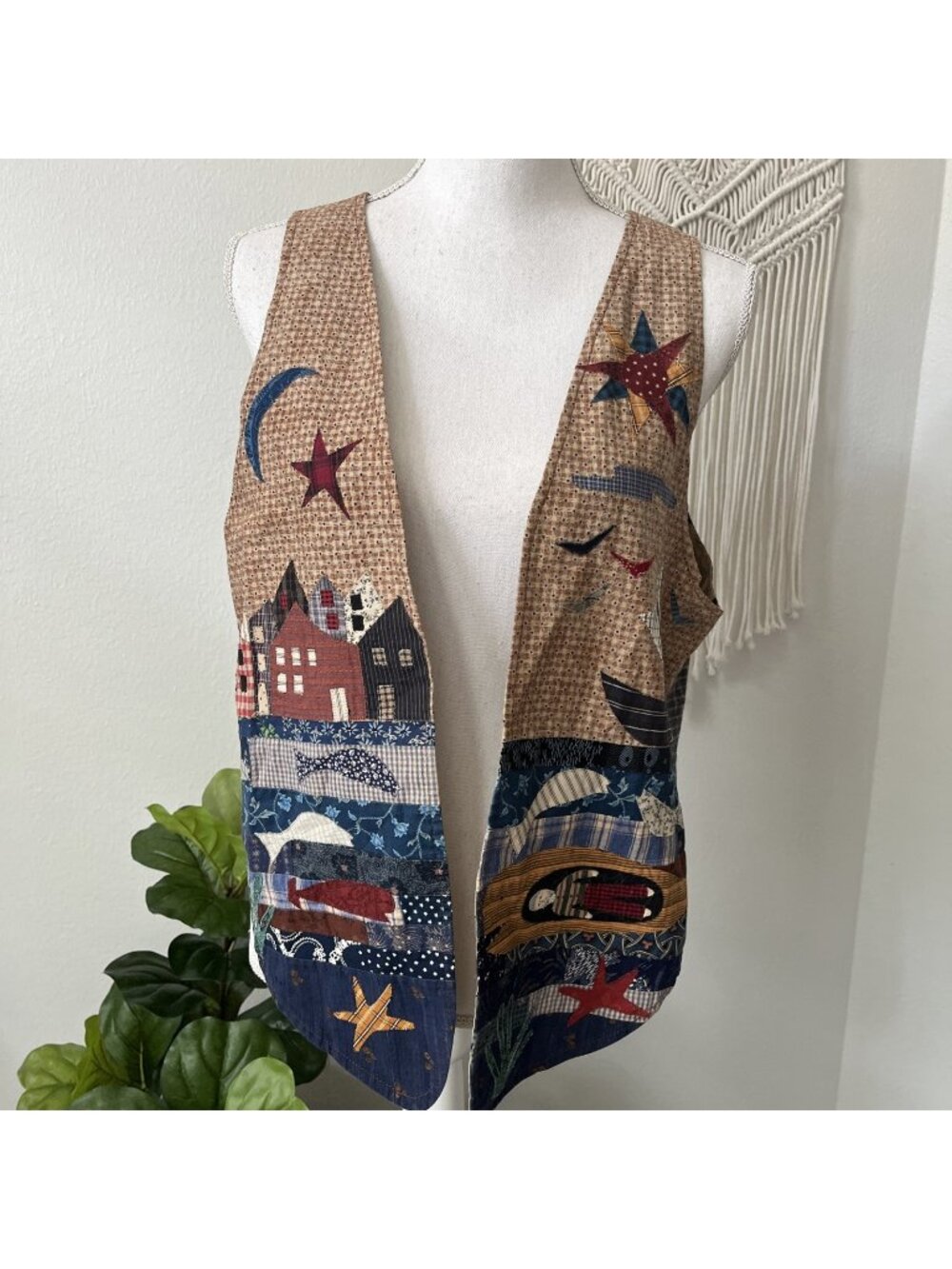 Vtg shoreline applique vest reversible 90s primitive cottagecore grandmacore L